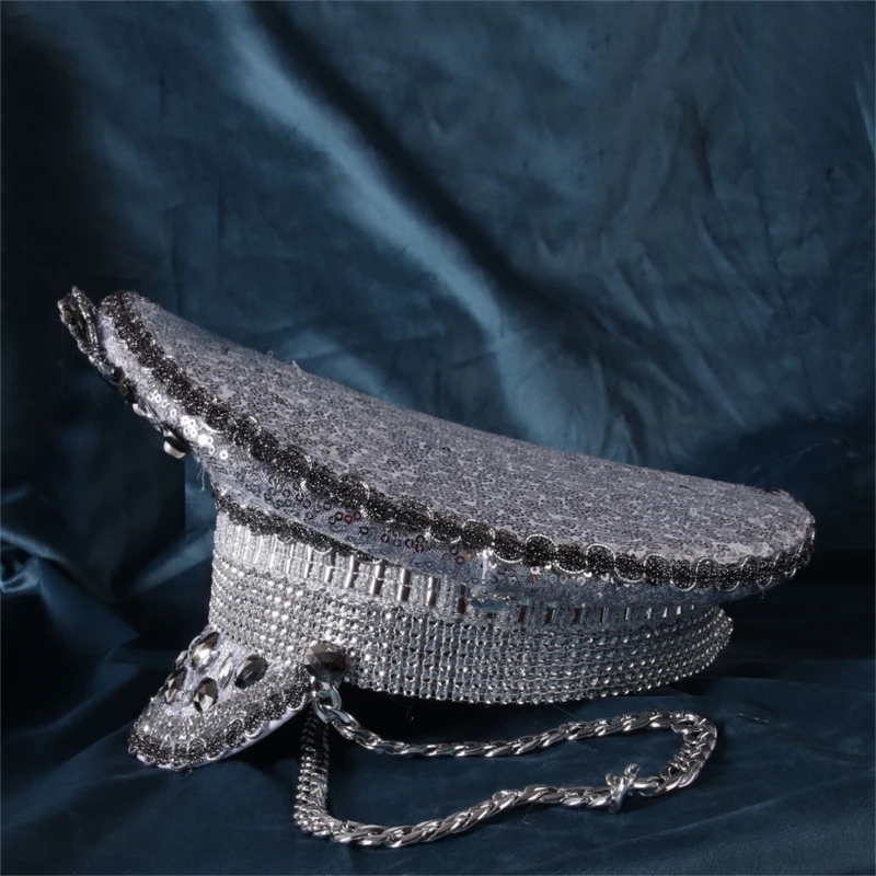 Diamond-studded Captain Hat Heavy Crystal Hat Surprise Gift for Girl Boys Hat for Carnivals Music Festival