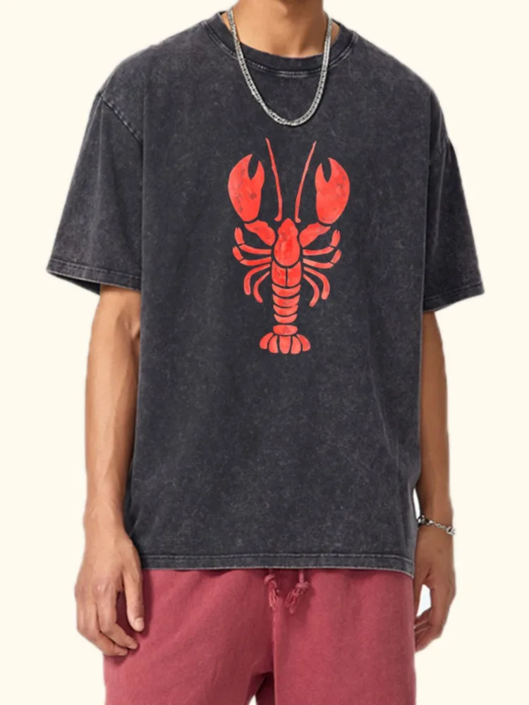 Unisex Vintage Washed Oversized T Shirt Red Lobster Animal Graphic Print Short Sleeve Retro Sea Creature Casual Streetwear