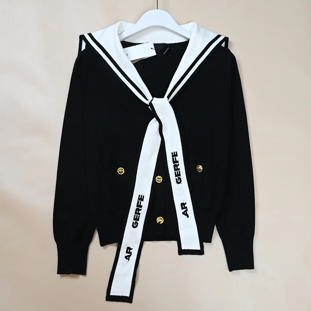 

Осенне-зимний женский повседневный вязаный свитер с длинным рукавом, вышивкой букв, темно-синим воротником, свободного кроя, с V-образным вырезом и одной пуговицей