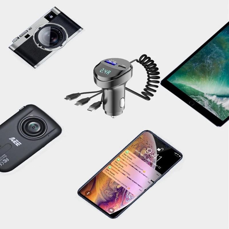 Cargador rápido de teléfono para coche, 3 en 1 Cable de carga retráctil, pantalla de voltaje de 3.1A, 2 puertos USB, para camión, automóvil y vehículo