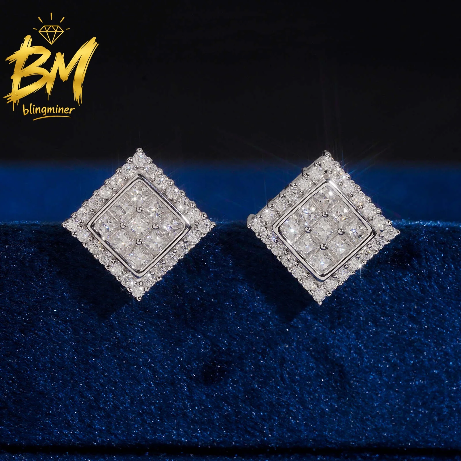 Blingminer Hot Sale Square VVS Moissanite Earrings For Men Women S925 Silver Ear Studs Jewelry Pass Diamonds GRA Free Shipping