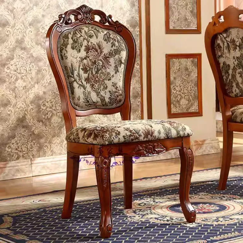 American Country Dining Chair Solid Wood Carved Fabric Chair Dining Room Dining Chair Dark European Soft Chair Room Furniture