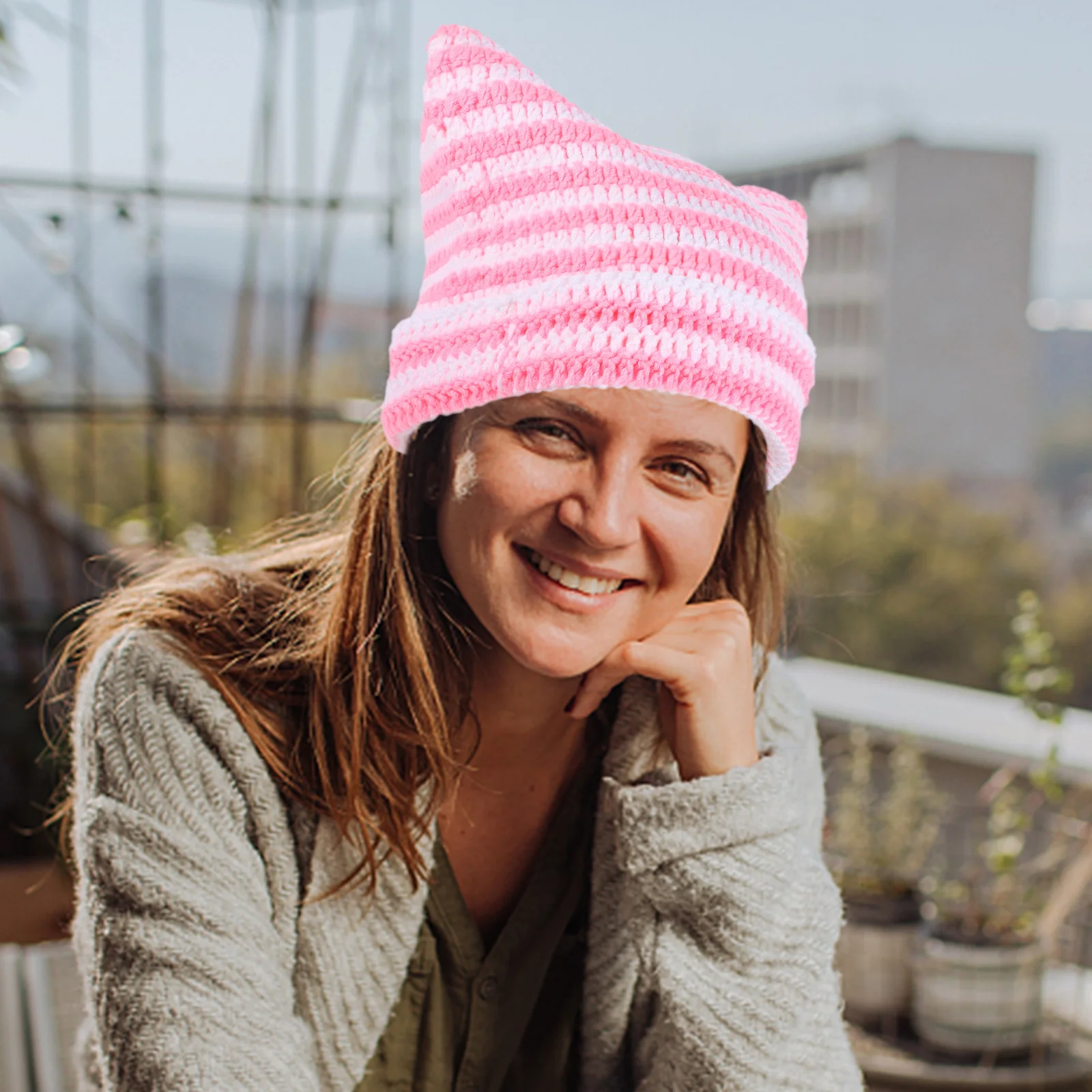 

Winter Knitted Cat Ears Hat Soft Warm Acrylic Pink White Unisex Hats For Wearing Outdoors Camping Hiking Stylish Design