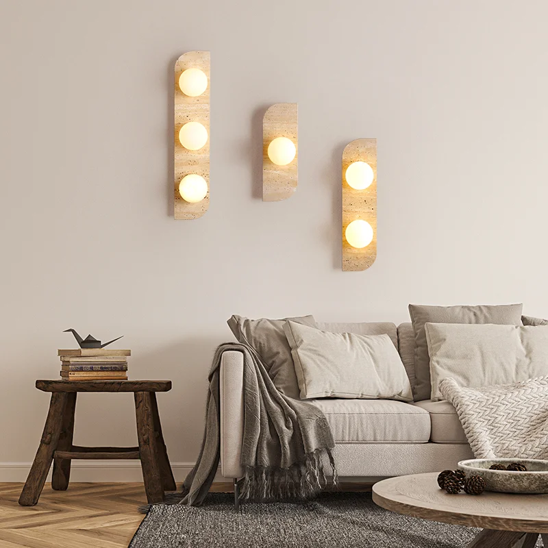 Retro Three Heads Natural Stone Art Wall Lamp Yellow Travertine LED Sconce White Glass Lampshade Atmosphere Corridor Lighting