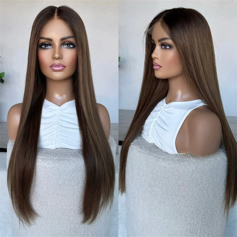 30 Inch Spuer Long Straight Wig Ombre Chestnut Brown Long Length Wig Synthetic Lace Front Wig 150% Density Small Large Size Cap