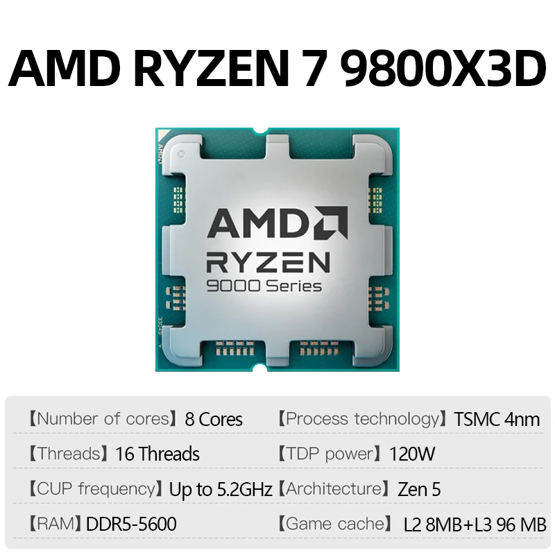 AMD Ryzen 7 9800X3D Gaming CPU R7 9800X3D 5.2GHz 8-Core 16-Thread 104M Game Cache Socket AM5 without Package for PC Gamer