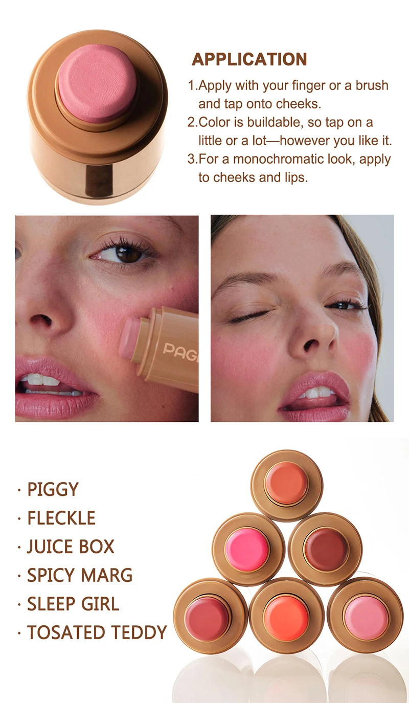 Pocket Blush Stick 6-Farben-Lippen-Wangen-Feuchtigkeitsstift hebt hervor, um natürliche, langlebige, wasserfeste, natürliche Puder-Rouge aufzuhellen