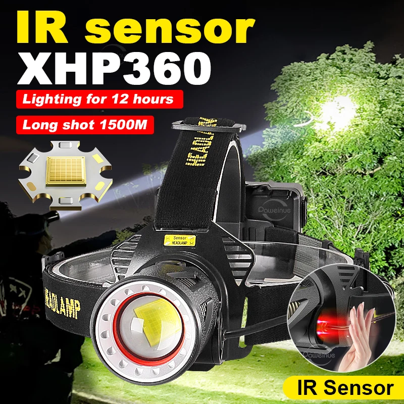 XHP360 High Power LED Headlight Super Bright Motion Sensor Head Lantern Long Shot Tactical Head Flashlight Fishing Head Lamp