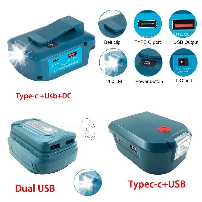 

Рабочий светодиодный светильник для литиевой батареи Makita 14,4 В, 18 В, TYPE-C, двойной USB-конвертер постоянного тока со светодиодной подсветкой, портативный аварийный источник питания