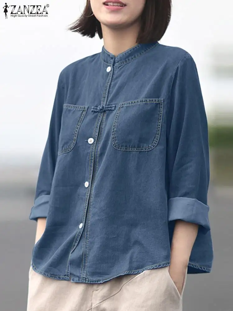 

ZANZEA Vintage Long Sleeve Stand Collar Solid Shirt Fashion Women Denim Blue Blouse OL Work Blusas Femininas Party Tops Chemise