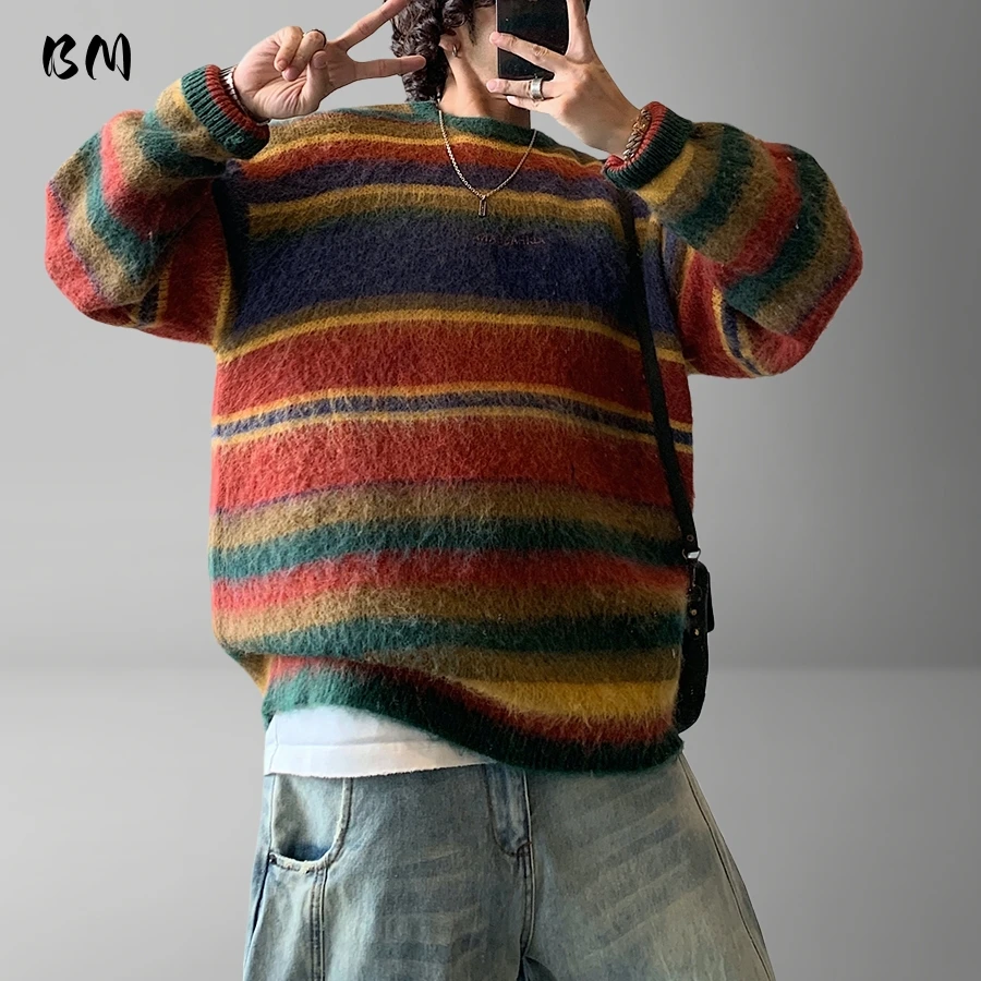 

Korean Streetwear Color Block Striped Sweater Men Hip Hop Pullover Vintage Wool Blend Knitwear Top Autumn Winter Casual Trendy