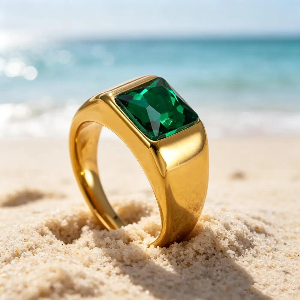 Square Green Zircon Stainless Steel Rings For Men Gold Color Promise Engagement Wedding Bands Vintage Jewelry Fathers Day Gifts