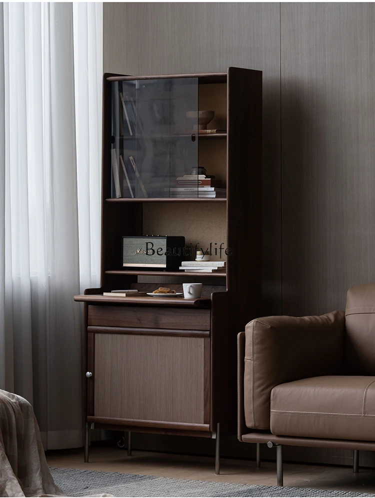 

Nordic solid wood floor-to-ceiling bookcase with glass door dust-proof bookshelf display cabinet