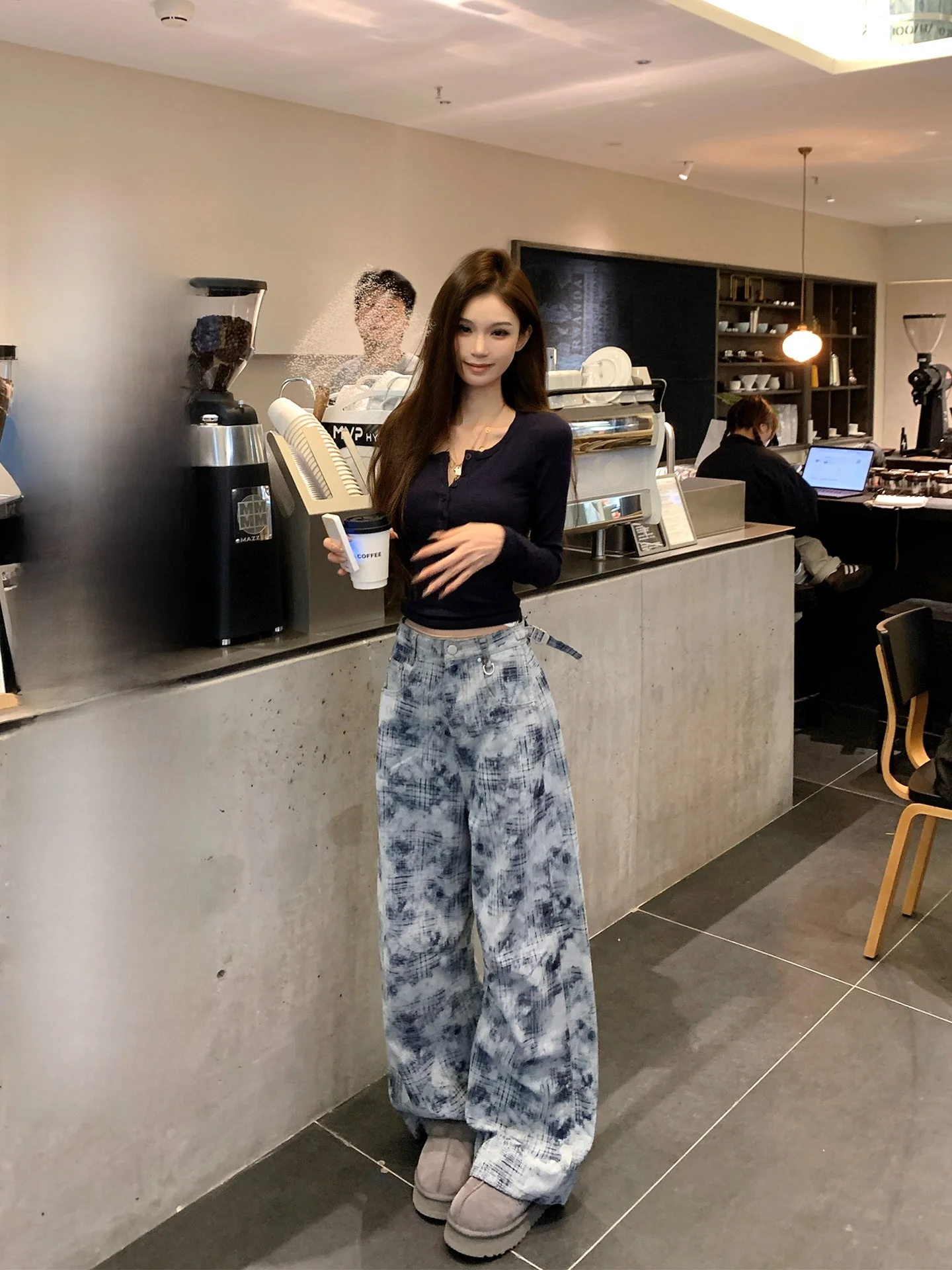 

High Waist Wide Leg Denim Pants Women's Plaid Straight Casual Sle Sweet Simp Pie Sea Salt Bubble Korean System Loose Work...