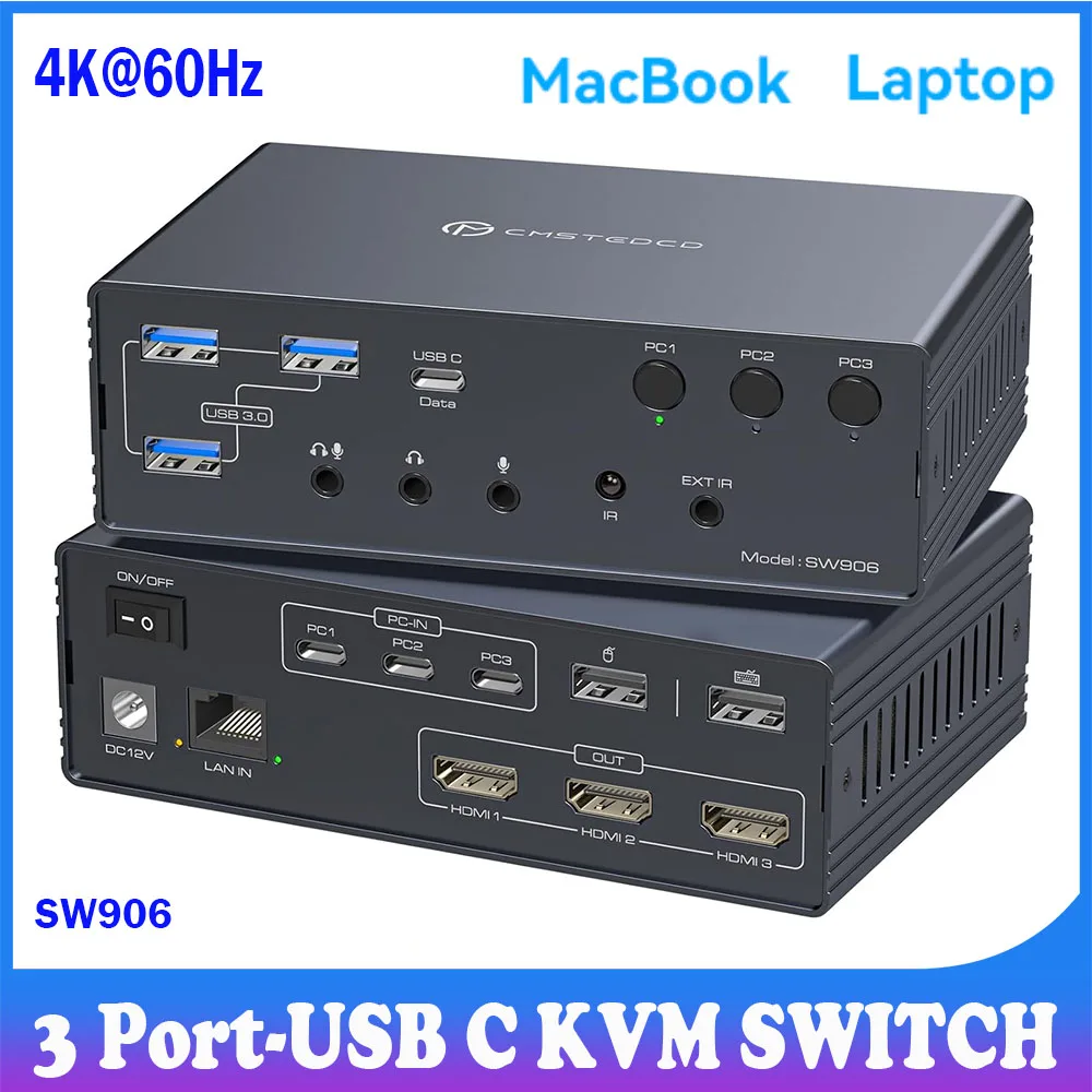 

3 Port USB C KVM Switch with 3 HDMI Out,4K@60Hz Thunderbolt 4 KVM Switch Docking Station for 3 Monitors 3 Laptops or Macbooks