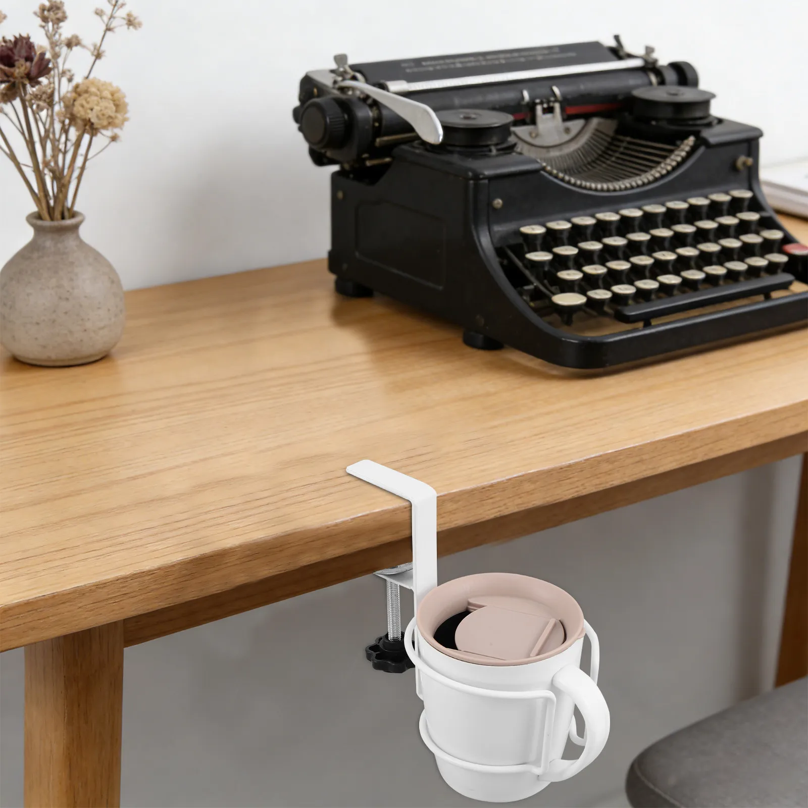 White Desk Cup Holder Clamp Tabletop Beverage Holder for Office Workstation Fits All Drink Sizes Easy Clean Desktop Organizer