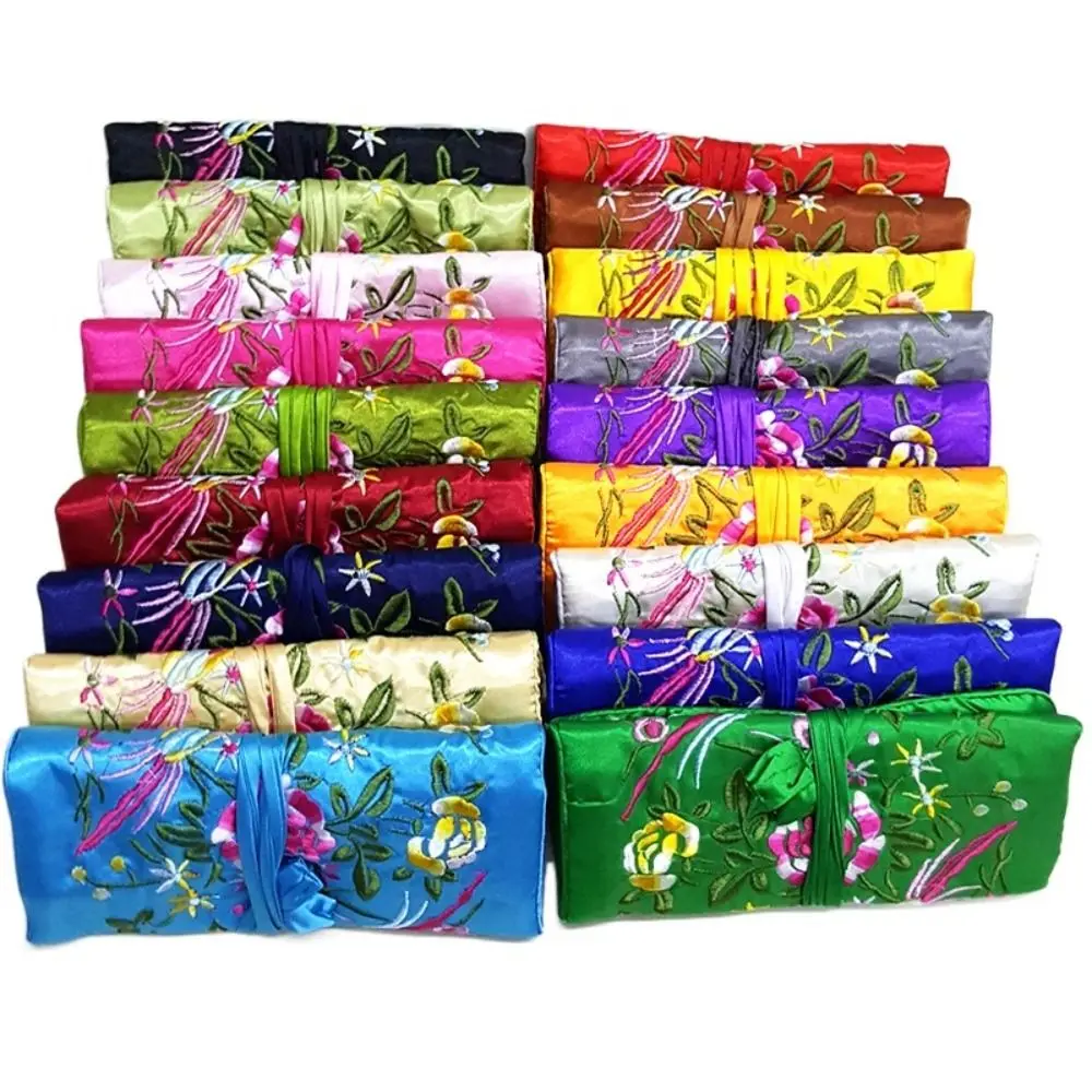 Satin Silk Embroidery Flower Makeup Bag Handbag Floral Foldable Makeup Pouch Bag Storage Bag Large Capacity Jewelry Packing Bag