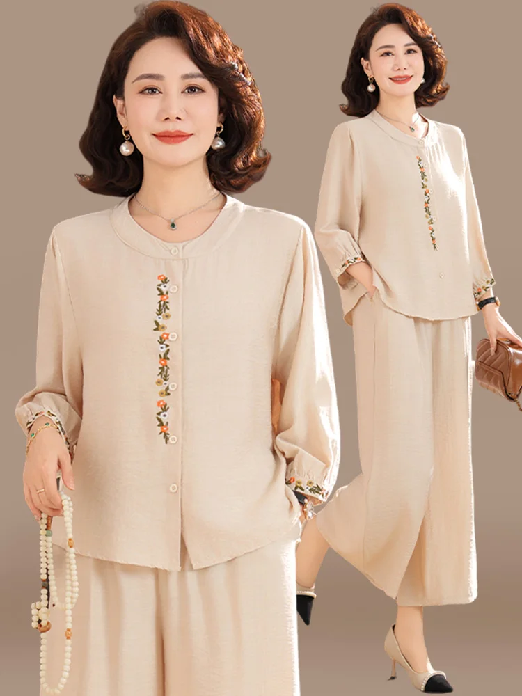 

Faionable Summer Outfit Set Large Size Cotton Silk Women's Top Middle-Aged And ly Spring Summer Seven-Sve T-irt