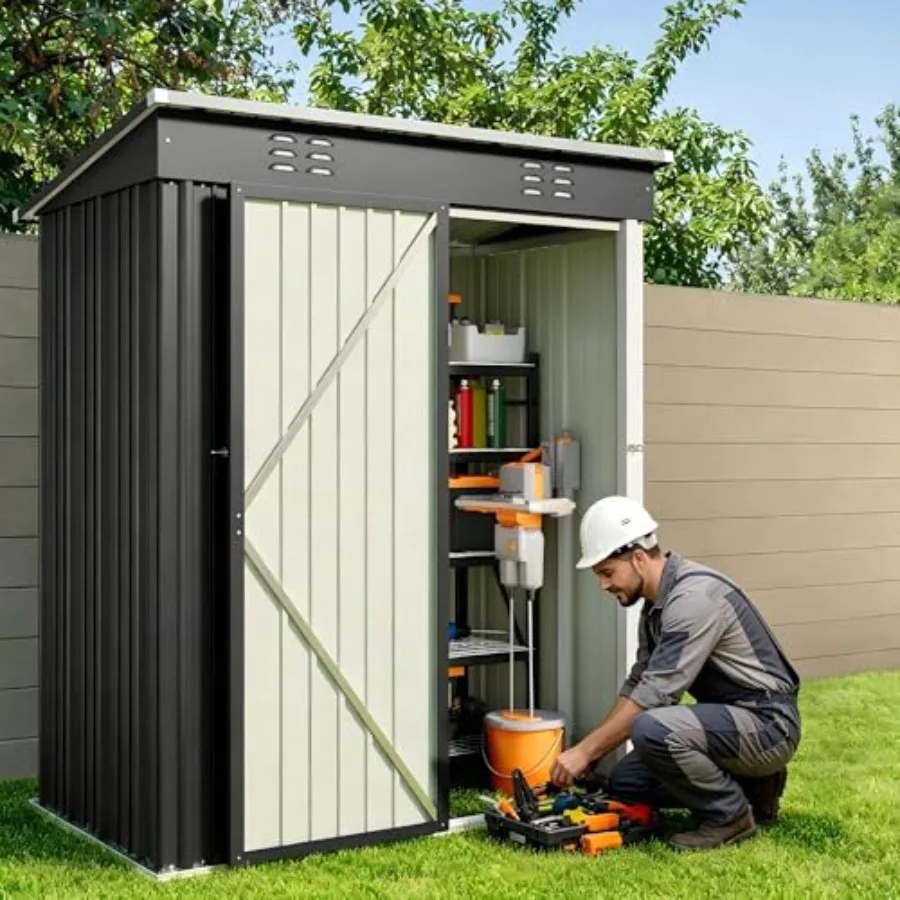 Outdoor shed for backyard storage, galvanized metal construction, gray color, rust-resistant and lockable door for security