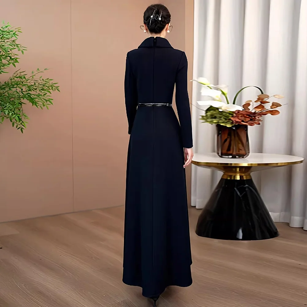 Nowa Elegancka Asymetryczna Długa Sukienka Damska Jesienno-Zimowa Modna Sukienka ze Stójką, Wysokim Stanem, Aksamitną Podszewką, Dopasowana Sukienka w Kolorze Granatowym