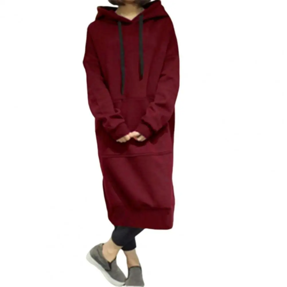 Hoodie Dress Patch Pocket Split Hem Solid Color Pullover Long Dress Casual Wear Winter Warm Drawstring Hooded Sweatshirt Women C