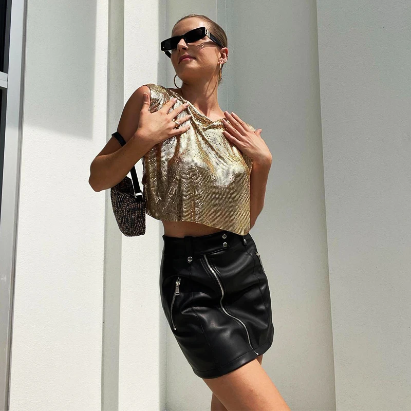 2025 Metal Sequins Fashion Tank Tops Music Party Sleeveless Patchwork O Neck Hollow Out Handmade Celebrity Luxury Crop Top
