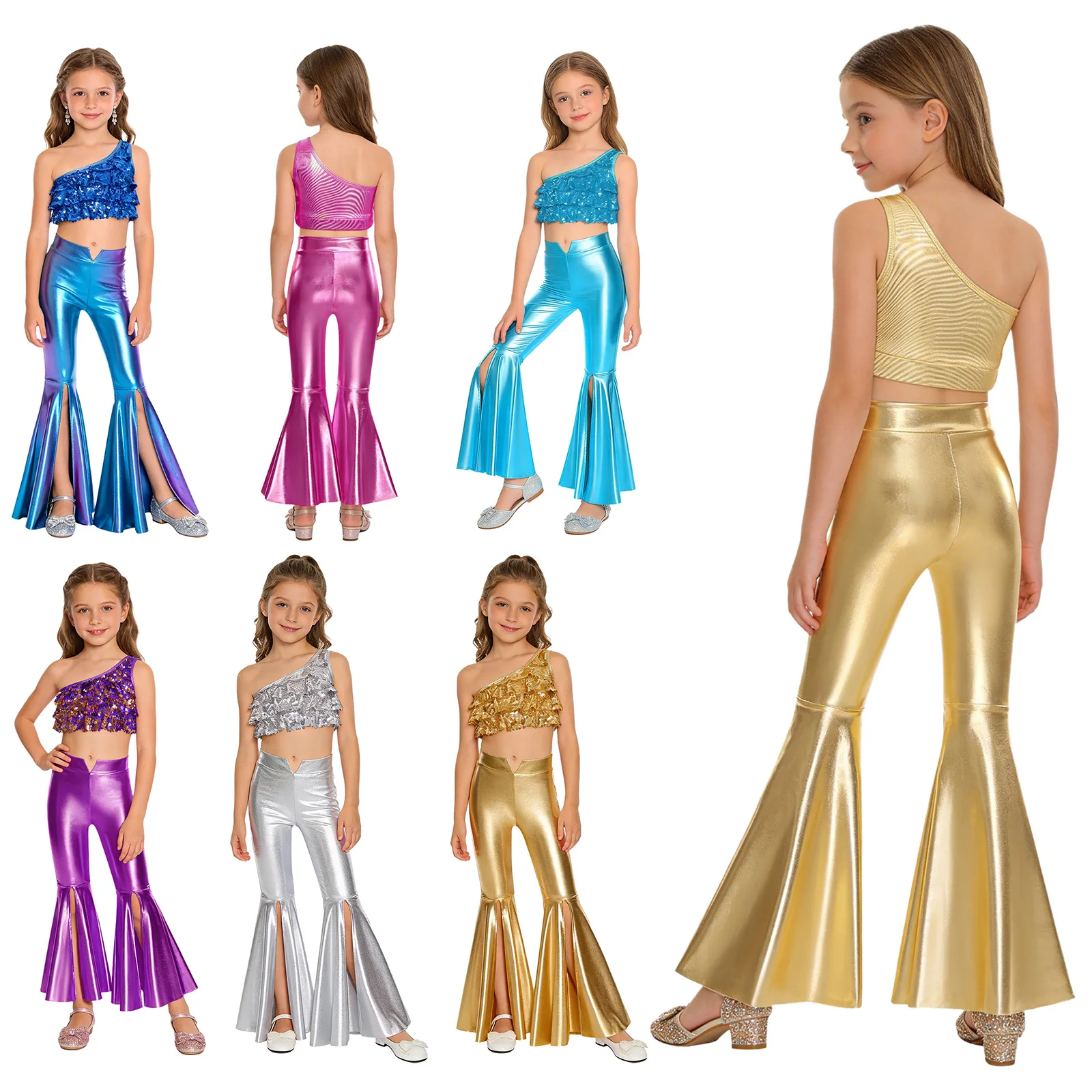 Kids Girls Jazz Dance Performance Outfit Sequin Crop Top with Metallic Flared Pants Halloween Carnival 70s Disco Cosplay Costume