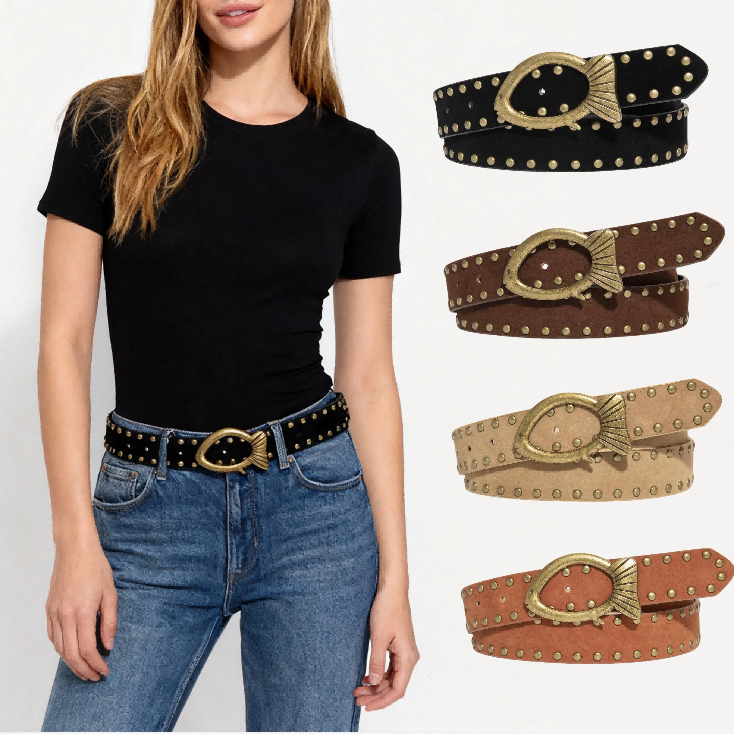 1 قطعة حزام برشام بإبزيم سمكة بيضاوية على طراز الشارع للنساء - جلد صناعي مع ترصيع معدني، مشد خصر قابل للتعديل لـ Je