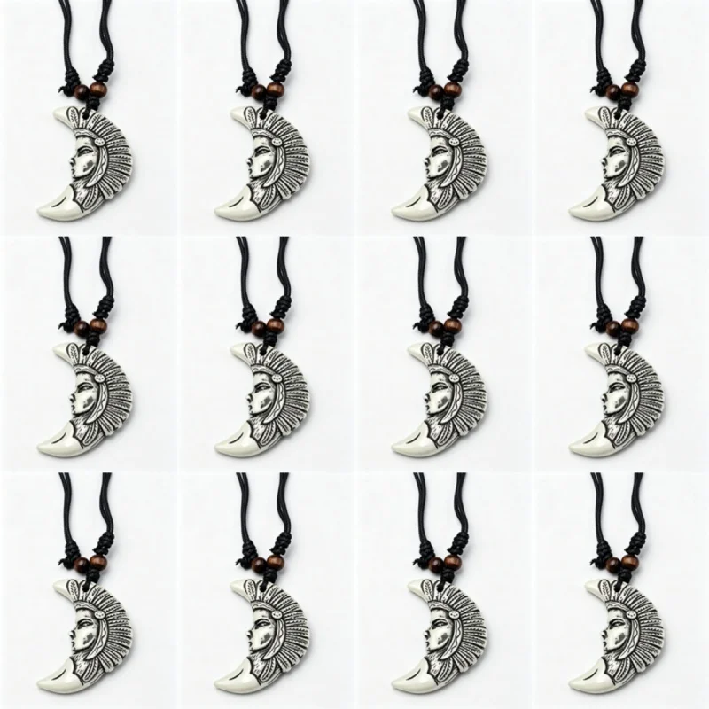 RUEMOY 12Pcs Crescent Native Tribal Woman Pendant Necklaces, Resin Faux Bone, 2 Colors, Adjustable Wood Bead Black Braided Cord