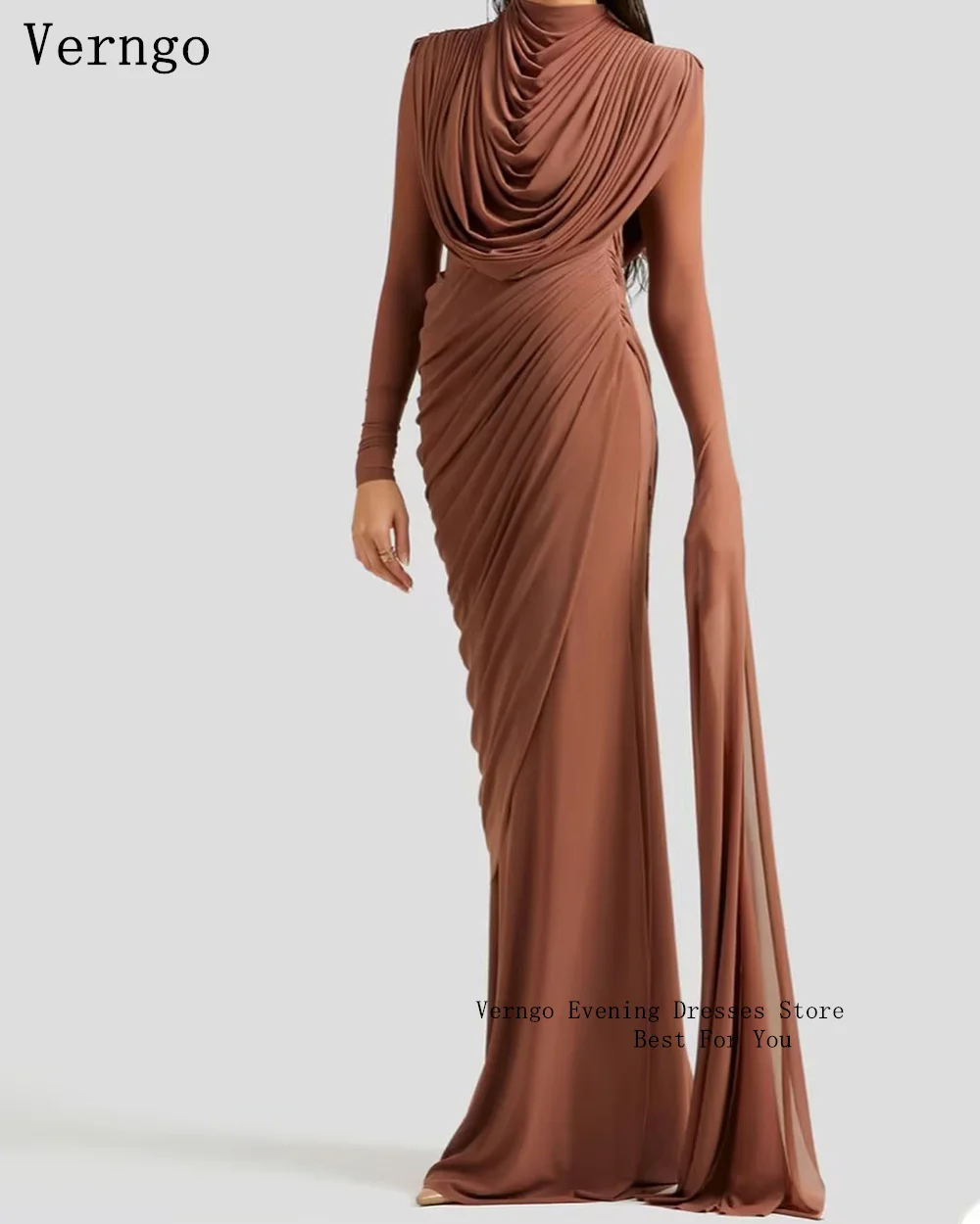 Verngo Brown Chiffon Evening Dress Full Sleeves Mermaid Slim Prom Party Dresses Elegant Simple Maxi Prom Gowns Customized image 3