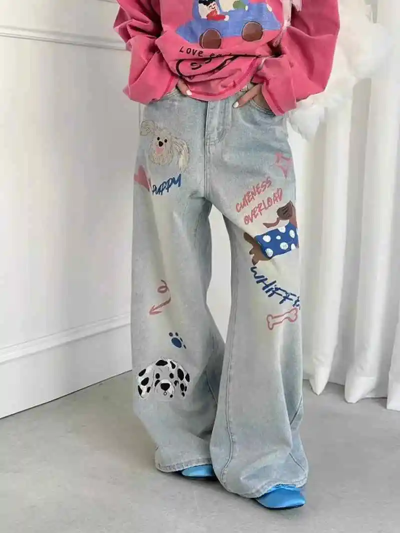 

Women Blue Y2k Graffiti Print Jeans Japanese 2000s Style Baggy Denim Trouser Harajuku Vintage Oversize Hip Hop Jeans Pants 2025