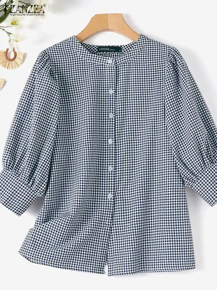 ZANZEA estate Vintage 3/4 manica camicetta donna Plaid camicia a quadri festa di festa Blusas Mujer femminile Casual bottoni giù top