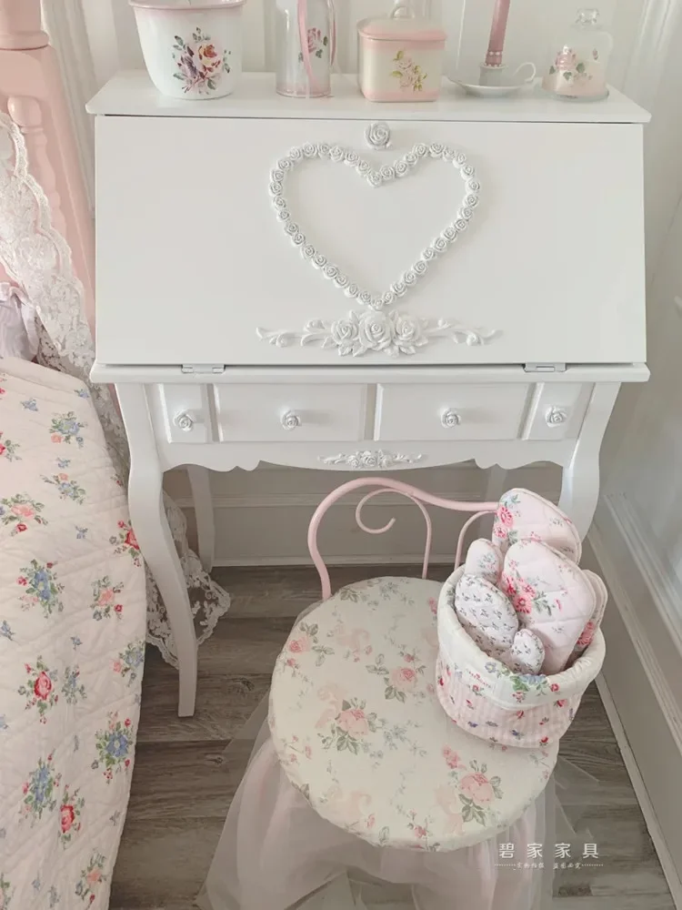 

European French Vintage Carved Princess Dressing Table Makeup Table Girl Heart Pink Dressing Table Small Unit Makeup Cabinet