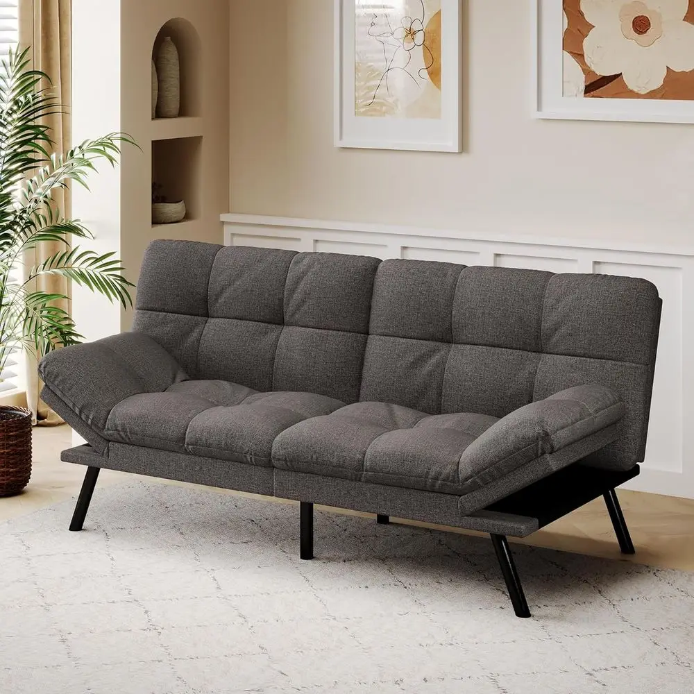 Grey Linen Convertible Sofa Bed with Memory Foam, Loveseat Sleeper Recliner, Detachable Cushions, Adjustable Backrest & Armrest