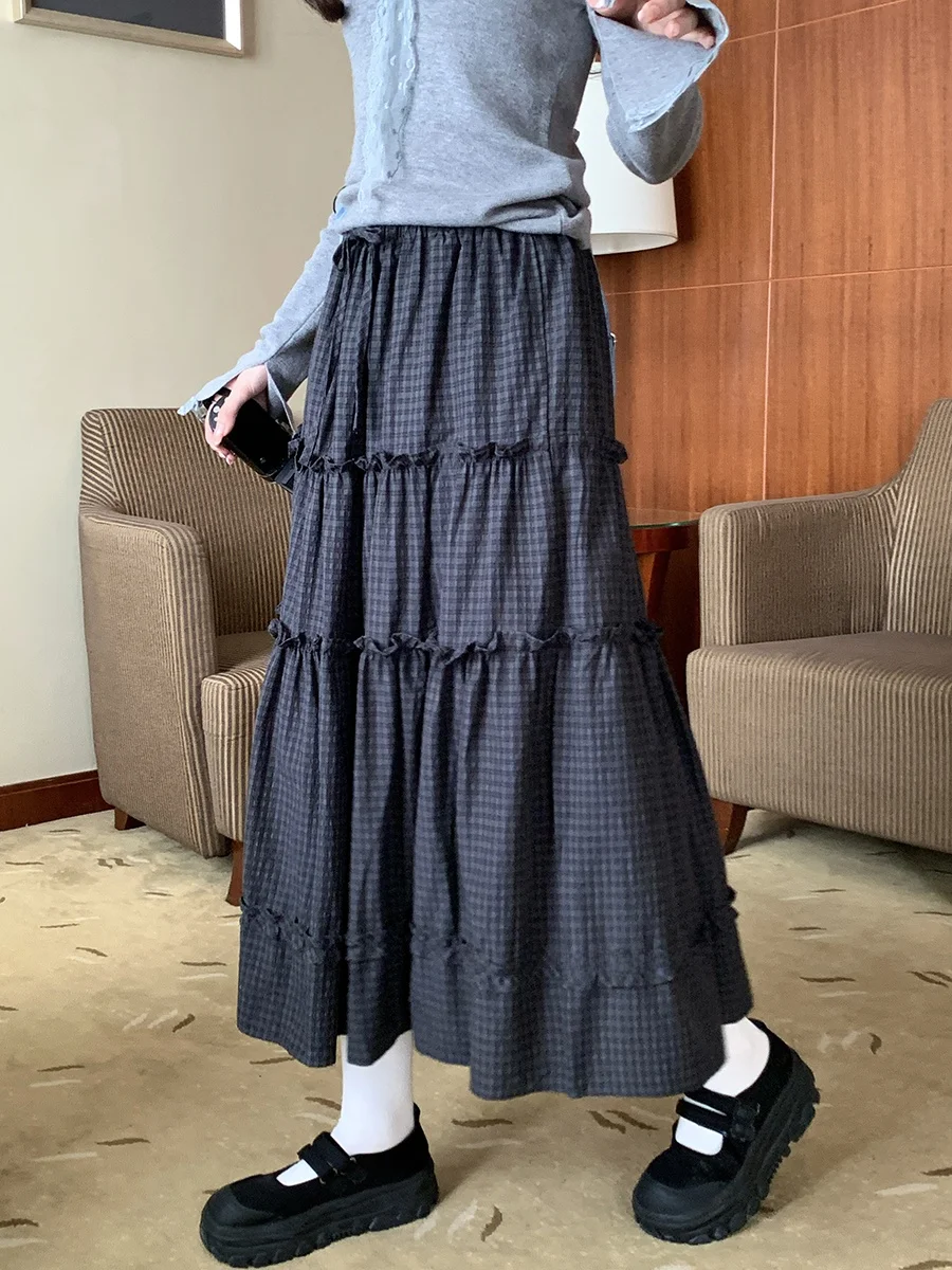 Holli Korean Retro High Waist Versatile Plaid f Skirt Midi Length 2025 New Sle Wooden Ear Splice id Skirt