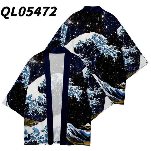 Japanese Haori Kimono Cardigan Starry Sky Great Wave Kanagawa Print Vintage Yukata Jacket Beach Cover Up Streetwear Tops
