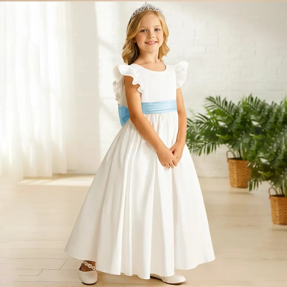 

Платье для девочек-цветочниц Элегантное вечернее платье Dideyttawl Индивидуальное платье с рюшами и рукавами длиной до пола, с большим синим бантом и глубоким V-образным вырезом на спине