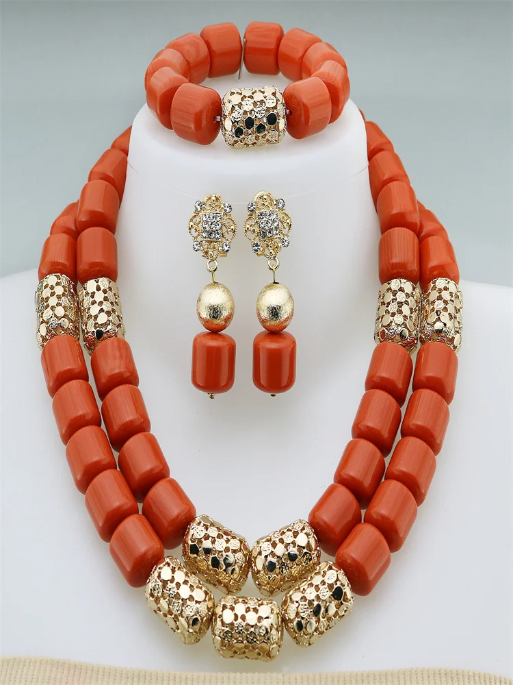 

High Quality 2 Layers Artificial Coral Bead African Wedding Resin Jewelry Set Women Necklace Nigeria Bride Party Gift