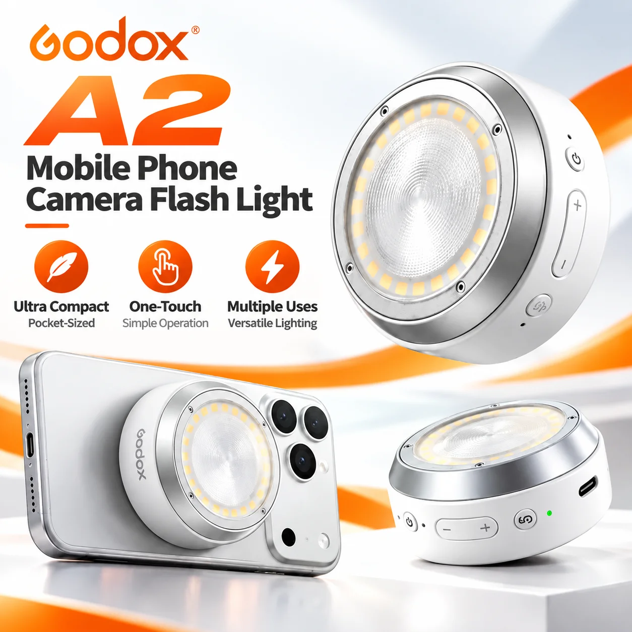 Godox A2 Smartphone Xenon Flash MagSafe TTL Mobile Flash with 1/8000s HSS Bi-color LED Video Fill Light For iPhone 15-18 Gift