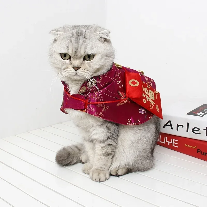 Pet Cat Dog Costume Chinese Style Cat Suit Spring Festival Cape Neck Red Envelope Christmas New Year Collar Bow Tie Costume