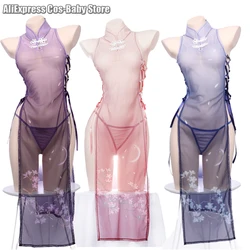 Pink Sakura Transparent Cheongsam Cosplay Lolita Maid Clothes Women Moon Dress Through Bandage Outfit Erotic Roleplay Nightwear