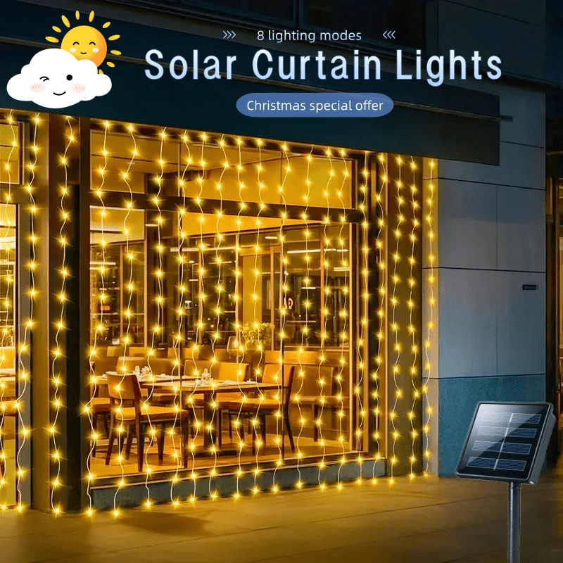 Solar Curtain Light 100/200/300 LED Outdoor String Light Copper Wire Fairy Light for Wedding Balcony Patio Christmas Decorations