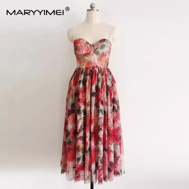 MARYYIMEI Fashion Designer Summer Vintage Vacation Dress Women's Spaghetti Strap Floral prin High waist Mesh Midi Dress