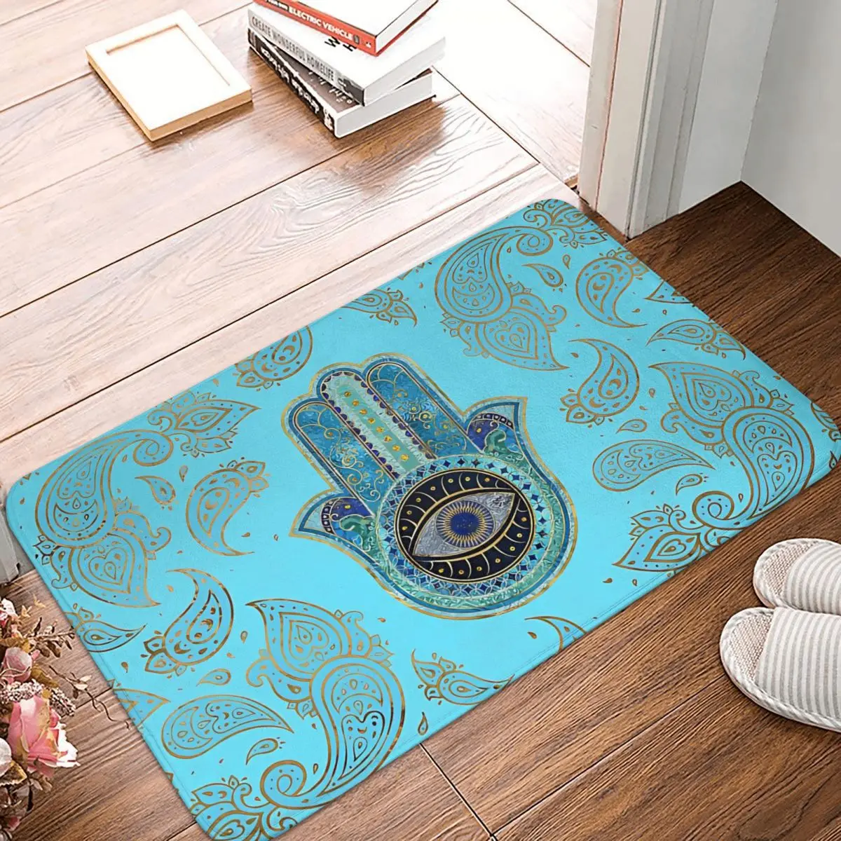 Fatima With Paisley Background Hamesh Hamsa Hand Peace Bathroom Mat Rug Home Doormat Kitchen Carpet Outdoor