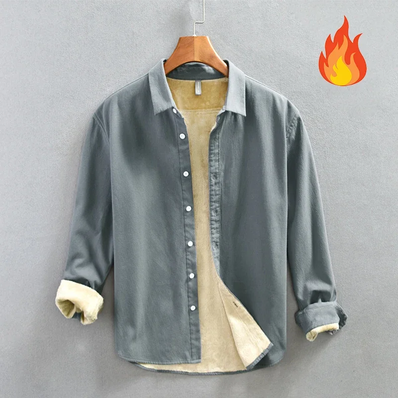 

Keep Warm Winter Shirt Men Daily Casual Men's Clothing Vintage Lapel Solid Color Cotton Fleece Shirt Slim Thickened Top simple