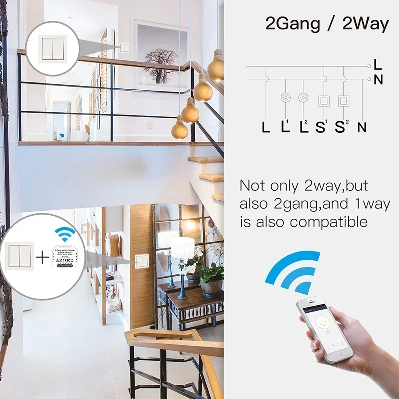 2 Gang 2 Way WiFi Smart Light LED Dimmer Diy Breaker Module Switch Smart Life/Tuya APP Remote Control Work with Alexa Googlehome