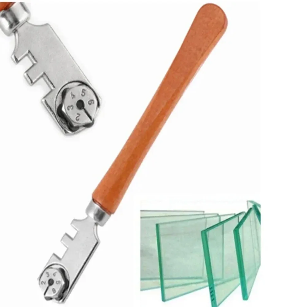 Alat Pemotong Kaca Enam Roda Multifungsi, Pemotong Ubin, Kit Pemotong Kerajinan Roda Logam dengan Gagang Kayu