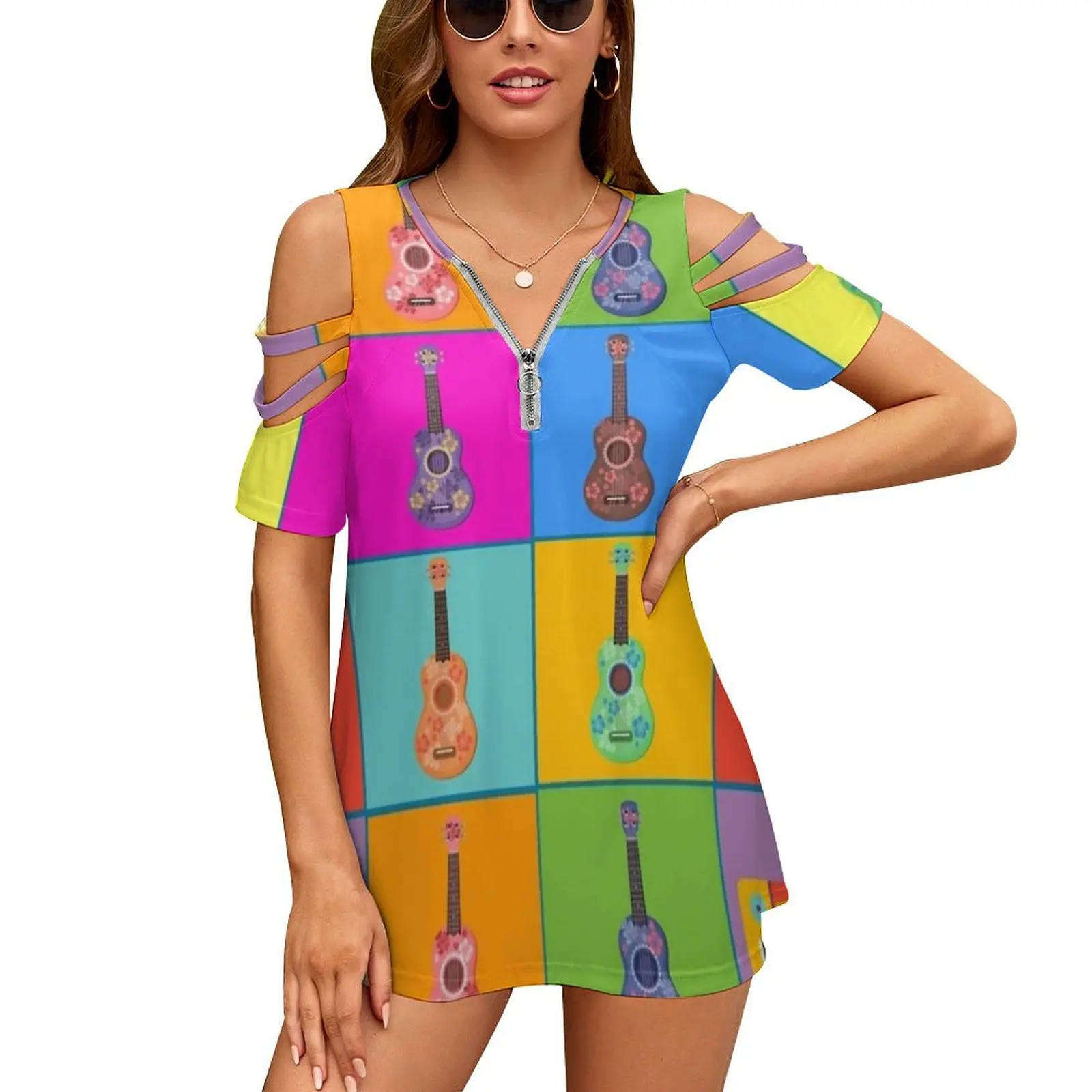 Pop Ukulele Art New Fashion Zip Off Shoulder Top Short-Sleeve Women Shirt Ukulele Pop Art Music Keyboard Piano Uke Ukelele