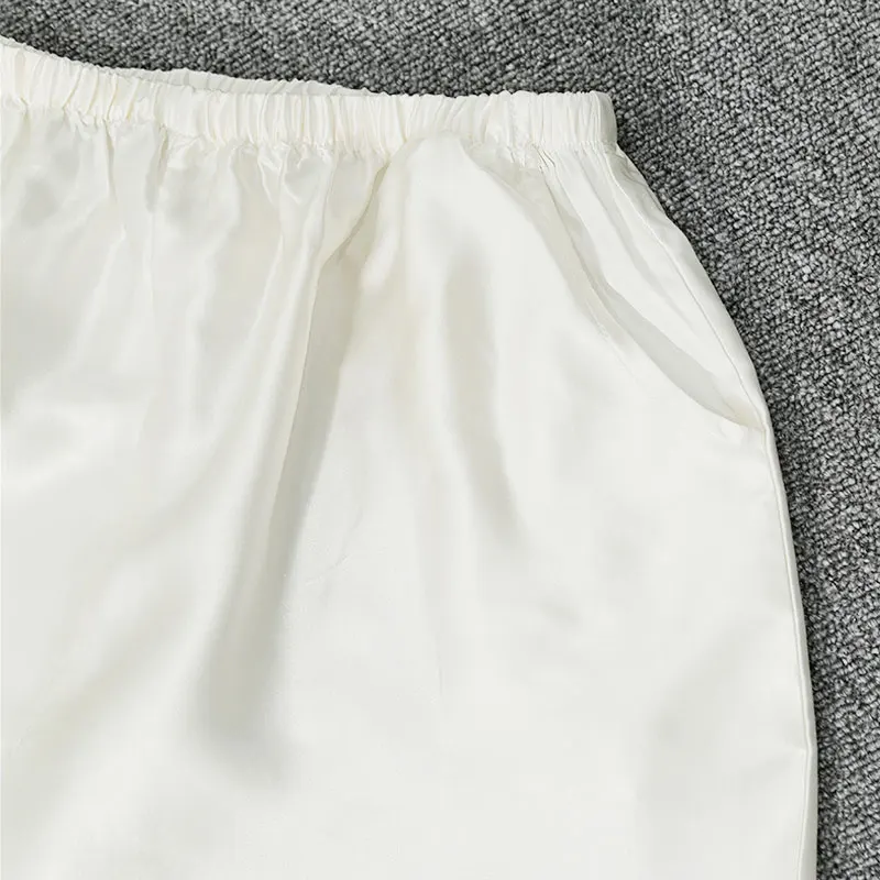2025 ملابس كاجوال نسائية بيضاء 22 مللي متر ثقيلة 100% حرير التوت الطبيعي الساتان مرونة الخصر جيب تصميم بناطيل الشواطئ #4