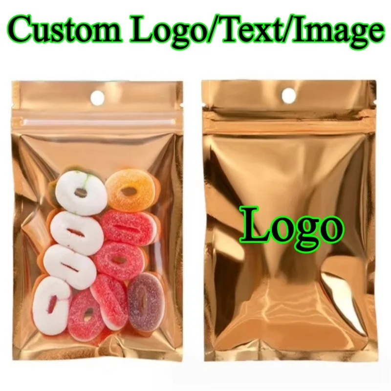 100PCS Clear Flat Gold Foil Hanging Ziplock Bag DIY Logo Print Matcha Cocoa Drip Coffee Tea Snack Spice Beaf Packaging Pouches